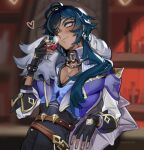  1boy 666666ttr aqua_eyes bar blue_hair blurry blurry_background closed_mouth commentary cup dark-skinned_male dark_skin drinking_glass earrings fingerless_gloves fur_trim genshin_impact gloves heart highres indoors jewelry kaeya_(genshin_impact) long_hair looking_at_viewer male_focus russian_commentary solo upper_body wine_glass 
