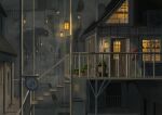  absurdres air_conditioner ame246 building commentary_request door fantasy fence flower_pot grass highres lantern light mailbox_(incoming_mail) monster no_humans original plant scenery shop stairs window 