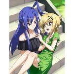  2girls akatsuki_kirika artist_request black_dress blonde_hair blue_hair blush breasts carrying closed_mouth collarbone dress eyebrows_visible_through_hair green_eyes hair_ornament kazanari_tsubasa looking_at_another multiple_girls official_art open_mouth outdoors princess_carry purple_eyes senki_zesshou_symphogear senki_zesshou_symphogear_xd_unlimited shiny shiny_hair short_hair short_sleeves small_breasts smile stairs x_hair_ornament yuri 