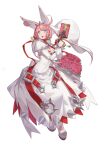  1girl animal_ears belt_buckle blue_eyes breasts bridal_veil buckle cleavage clover dress earrings elphelt_valentine fake_animal_ears flower four-leaf_clover gloves guilty_gear guilty_gear_xrd gun hairband handgun holding holding_weapon jewelry large_breasts open_mouth pink_hair rabbit_ears red_cucumber rose short_hair simple_background solo spiked_hairband spikes veil weapon white_background white_dress white_gloves white_headwear 