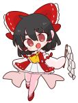  1girl ascot black_hair bow collar commentary detached_sleeves frilled_ascot frilled_bow frills gohei hair_bow hair_tubes hakurei_reimu highres medium_hair nontraditional_miko op_na_yarou red_bow red_eyes red_footwear red_shirt red_skirt ribbon-trimmed_sleeves ribbon_trim shirt sidelocks simple_background skirt skirt_set sleeveless solo touhou white_background white_collar yellow_ascot 