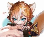  1boy 666666ttr animal_ears armor artist_name biting blue_eyes brown_hair commentary fangs fingerless_gloves genshin_impact gloves gorou_(genshin_impact) hair_between_eyes highres miniboy multicolored_hair russian_commentary russian_text saliva short_hair shoulder_armor simple_background solo_focus tail thick_eyebrows 