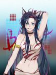  1girl absurdres animal_ears arknights arm_up armpits bare_arms bare_shoulders black_choker black_hair blaze_(arknights) blaze_(burst_feline)_(arknights) blue_eyes breasts camisole cat_ears chinese_commentary choker cleavage commentary_request crop_top hairband headset highres long_hair looking_at_viewer medium_breasts midriff navel official_alternate_costume red_hairband smile solo spaghetti_strap stomach tuitanggugushou upper_body very_long_hair 