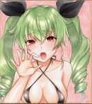  1girl airi_(akamichiaika) anchovy_(girls_und_panzer) black_swimsuit blush breasts collarbone drill_hair fellatio_gesture girls_und_panzer green_hair hair_ornament hair_ribbon highres long_hair looking_at_viewer medium_breasts pink_background red_eyes ribbon shiny shiny_hair simple_background slingshot_swimsuit solo swimsuit teeth tongue tongue_out twin_drills twintails upper_body upper_teeth 