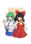 2girls absurdres ascot bangs bare_shoulders black_hair blue_skirt blush bow breasts brown_eyes closed_mouth collar collared_shirt detached_sleeves eyebrows_visible_through_hair frog_hair_ornament green_eyes green_hair hair_between_eyes hair_ornament hair_tubes hakurei_reimu hand_on_own_chest hand_up highres kochiya_sanae large_breasts long_sleeves looking_at_another looking_at_viewer lykesya medium_hair multiple_girls navel open_mouth orange_background pointing red_bow red_shirt red_skirt shirt simple_background skirt snake_hair_ornament touhou white_background white_shirt wide_sleeves yellow_ascot 