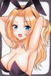  1girl airi_(akamichiaika) animal_ears armpits blonde_hair blue_eyes blush breasts cleavage collarbone eyebrows_visible_through_hair fake_animal_ears girls_und_panzer highres kay_(girls_und_panzer) large_breasts long_hair looking_at_viewer open_mouth playboy_bunny rabbit_ears shiny shiny_hair simple_background smile solo upper_body white_background 