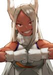  1girl animal_ears bangs bare_shoulders boku_no_hero_academia clenched_hands commentary dark-skinned_female dark_skin gloves grin highres long_hair looking_at_viewer mirko muscular muscular_female rabbit_ears rabbit_girl red_eyes shiny shiny_hair smile solo teeth upper_body yoshio_(55level) 