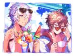  2boys banned_artist blue_eyes border bracelet brown_eyes brown_hair cloud collarbone commentary_request cup eyewear_on_head flower food frown granblue_fantasy heart heart-shaped_eyewear hibiscus holding holding_cup holding_spoon hood hooded_jacket ice_cream jacket jewelry lucio_(granblue_fantasy) male_focus multiple_boys one_eye_closed open_clothes open_jacket open_mouth outdoors popsicle sandalphon_(granblue_fantasy) short_hair smile spoon sundae sunglasses teacup tsukumi_(tkmillust) upper_body watermelon_bar white_border white_hair wings 