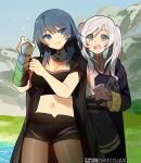  2girls artist_name bangs black_shirt black_shorts blue_eyes blue_hair book breasts byleth_(fire_emblem) byleth_(fire_emblem)_(female) chocojax cleavage commentary cowboy_shot crop_top eyebrows_visible_through_hair fire_emblem fire_emblem:_three_houses fire_emblem_awakening grey_eyes grin hand_up head_tilt highres holding holding_book large_breasts long_hair long_sleeves looking_at_viewer midriff multiple_girls navel open_mouth outdoors pantyhose robin_(fire_emblem) robin_(fire_emblem)_(female) shirt short_shorts shorts silver_hair smile standing stomach thighs twintails vambraces 