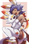  1boy :d absurdres alternate_costume bangs bare_shoulders blush closed_eyes commentary_request cosplay dark-skinned_male dark_skin elbow_gloves eyelashes gloves highres holding holding_pokemon leg_up leon_(pokemon) long_hair male_focus open_mouth pokemon pokemon_(creature) pokemon_(game) pokemon_swsh purple_hair scorbunny scorbunny_(cosplay) shoes smile teeth thighhighs tongue white_footwear white_gloves white_legwear younger yunoru 
