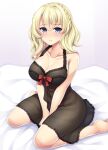  1girl absurdres barefoot bed_sheet black_dress blonde_hair blue_eyes blush braid breasts cleavage closed_mouth collarbone colorado_(kancolle) dress eyebrows_visible_through_hair hair_between_eyes highres kantai_collection large_breasts ruin_re_birth short_hair sitting solo wariza 