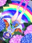  1girl :o blue_eyes blue_hair boots flower groin highres muchin_jousha multicolored_clothes multicolored_hairband no_panties open_mouth patchwork_clothes pouch puddle purple_footwear rain rainbow rainbow_gradient raincoat reflecting_pool reflection ripples short_hair sky_print solo tenkyuu_chimata touhou water zipper 