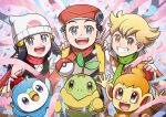  1girl 2boys :d bangs barry_(pokemon) beanie black_hair black_shirt blonde_hair bracelet brown_eyes chimchar commentary_request dawn_(pokemon) eyelashes green_scarf grey_eyes grin hair_ornament hairclip hand_on_another&#039;s_shoulder hat he72oh highres holding holding_poke_ball jewelry long_hair looking_at_viewer lucas_(pokemon) multiple_boys open_mouth piplup poke_ball poke_ball_(basic) pokemon pokemon_(creature) pokemon_(game) pokemon_dppt red_scarf scarf shirt short_hair sleeveless sleeveless_shirt smile starter_pokemon_trio teeth tongue turtwig v white_headwear 