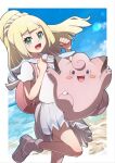  1girl :d backpack bag bangs blonde_hair blunt_bangs blush_stickers braid clefairy clenched_hands cloud commentary_request day eyelashes floating_hair french_braid green_eyes hands_up he72oh high_ponytail highres leg_up lillie_(pokemon) long_hair open_mouth outdoors pink_bag pleated_skirt pokemon pokemon_(creature) pokemon_(game) pokemon_sm shirt short_sleeves skirt sky smile socks tongue white_footwear white_shirt white_skirt 