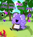  1girl campfire closed_eyes dragon_girl fang grass music nijisanji nijisanji_en open_mouth outdoors parody peppa_pig_(series) purple_hair selen_tatsuki singing sitting solo style_parody tempura_person tree virtual_youtuber 