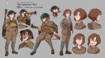  1girl absurdres bayonet blue_eyes brodie_helmet brown_hair character_name character_profile character_sheet chibi concept_art expressions eyebrows_visible_through_hair florence_schofield from_behind full_body gun helmet high-waist_pants highres lee-enfield long_sleeves military military_uniform multiple_views nico_jiang original profile rifle shoes short_hair simple_background smile standing uniform united_kingdom variations weapon world_war_i 