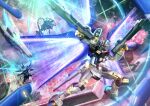  absurdres beam_rifle dual_wielding energy_gun eternal_(gundam) funnels glowing glowing_eyes gundam gundam_seed gundam_seed_destiny head_tilt highres holding legend_gundam mecha mechanical_wings no_humans propro13 science_fiction space space_craft strike_freedom_gundam v-fin weapon wings yellow_eyes 