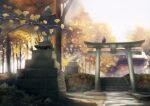  bird building commentary_request crow geshi ginkgo ginkgo_leaf grass no_humans original plant scenery shade shrine stairs statue stone_stairs sunlight torii tree 
