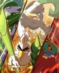  bird closed_mouth commentary_request dirty frown galarian_farfetch&#039;d gallade glowing hawlucha highres holding looking_down open_mouth pokemon pokemon_(creature) red_eyes shuri_(syurigame) sirfetch&#039;d tongue 