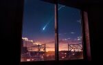  broken_window cable car cityscape cloud commentary_request dusk ground_vehicle highres house motor_vehicle no_humans original rooftop scenery shattered shuu_illust sky speaker star_(sky) sun sunlight town twilight window 