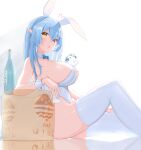  1girl absurdres ahoge animal_ears bangs blue_bow blue_bowtie blue_hair bottle bow bowtie breasts commentary_request cup detached_collar elf fake_animal_ears from_side hair_between_eyes hairband highres holding holding_cup hololive large_breasts leotard long_hair looking_at_viewer looking_to_the_side moubokobokodayo pointy_ears rabbit_ears sitting strapless strapless_leotard thighhighs virtual_youtuber white_hairband white_legwear white_leotard wrist_cuffs yellow_eyes yukihana_lamy yukimin_(yukihana_lamy) 