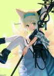  1girl animal_ears arknights bare_shoulders black_footwear black_gloves blonde_hair blue_hairband bow character_name dress earpiece eyebrows_visible_through_hair foot_out_of_frame fox_ears fox_girl fox_tail gloves green_bow green_eyes hairband highres holding holding_staff izumo_(ton_63) kitsune kyuubi looking_at_viewer multicolored_hair multiple_tails oripathy_lesion_(arknights) pantyhose purple_dress simple_background single_glove smile solo split_mouth staff streaked_hair suzuran_(arknights) tail white_hair white_legwear 