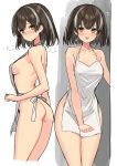  1girl :d apron arknights ass blush breasts brown_hair collarbone cowboy_shot earrings flying_sweatdrops from_side grey_hair highres jewelry looking_at_viewer magallan_(arknights) medium_breasts multicolored_hair multiple_views naked_apron open_mouth short_hair sideboob sigm@ simple_background single_earring smile streaked_hair white_apron white_background yellow_eyes 