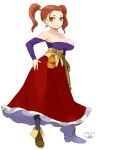  1girl bare_shoulders breasts brown_eyes brown_hair cleavage closed_mouth dragon_quest dragon_quest_viii dress earrings jessica_albert jewelry large_breasts long_hair looking_at_viewer mota pantyhose purple_shirt shirt simple_background solo twintails white_background 