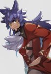  1boy absurdres animal_ears bangs bright_pupils buttons closed_mouth commentary_request dark-skinned_male dark_skin facial_hair from_side hand_on_hip highres jabot leon_(pokemon) long_hair long_sleeves looking_to_the_side male_focus pokemon pokemon_(game) pokemon_swsh purple_hair smile solo tailcoat white_jabot white_pupils yellow_eyes yunoru 