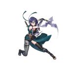  1girl absurdres arm_guards armor axe bangs battle_axe belt black_legwear breasts cleavage closed_mouth commentary_request fingerless_gloves fire_emblem fire_emblem:_three_houses fire_emblem_heroes fishnet_legwear fishnets full_body gloves headgear highres holding holding_weapon japanese_clothes kunai looking_away medium_breasts ninja obi official_art p-nekor parted_bangs parted_lips purple_eyes purple_hair reverse_grip sandals sash shamir_nevrand shiny shiny_clothes shiny_hair short_hair shorts simple_background sleeveless solo sword thighhighs thighs toes waraji weapon white_background 
