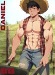  1boy :o abs absurdres bara black_hair blue_eyes day denim hat highres holding ignition_crisis jeans large_pectorals looking_at_viewer male_focus muscular muscular_male navel_hair nipples original outdoors pants parted_lips patreon_username pectorals red_shirt reward_available shirt short_hair solo straw_hat sweat torn_clothes torn_jeans torn_pants torn_shirt twitter_username wheelbarrow 