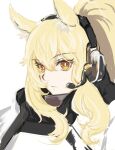  1girl absurdres animal_ears arknights armor bangs blonde_hair breastplate commentary_request eyebrows_visible_through_hair hair_between_eyes headphones headset highres hosshi_(nariagari) long_hair looking_at_viewer nearl_(arknights) partial_commentary simple_background solo upper_body white_background yellow_eyes 