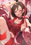  1girl absurdres arm_up bare_arms black_bra bra breasts brown_eyes brown_hair cleavage commentary confetti crop_top cushion highres knees_up kusunokimizuha lipstick makeup medium_breasts meiko meiko_(vocaloid3) miniskirt one_eye_closed open_mouth red_shirt red_skirt red_theme shirt short_hair sitting skirt smile solo sparkle underwear vocaloid wrist_cuffs zipper 