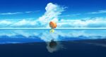  1girl blue_sky cloud cloudy_sky commentary_request day dress highres holding landscape nature ocean orange_umbrella original reflection reflective_water scenery shuu_illust sky solo umbrella water white_dress 