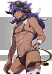  1boy abs absurdres alternate_costume animal_ears animal_print bell bikini black_bikini bright_pupils closed_mouth commentary_request cow_boy cow_ears cow_horns cow_print cow_tail cowbell crossdressing dark-skinned_male dark_skin facial_hair hand_on_hip highres horns leon_(pokemon) long_hair male_focus navel pectorals pokemon pokemon_(game) pokemon_swsh purple_hair smile solo swimsuit tail thighhighs white_pupils wristband yellow_eyes yunoru 