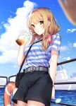  1girl akitsu_maya bag bangs belt bird black_shorts blue_sky blush boat breasts brown_eyes brown_hair cloud cloudy_sky cup drinking_straw hair_ribbon highres holding holding_cup looking_at_viewer medium_hair outdoors pier pink_ribbon ribbon sahara386 sex_and_dungeon shirt shirt_tucked_in shorts shoulder_bag sidelocks sky solo standing striped striped_shirt water watercraft 