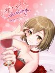  1girl bare_arms blurry blurry_foreground breasts brown_eyes brown_hair character_name choker cleavage collarbone commentary cup dated depth_of_field dress drinking_glass from_above hair_tucking hand_in_hair hand_up happy_birthday highres jewelry looking_at_viewer medium_breasts meiko piyo_(hashimoto_makie) red_dress smile solo strapless strapless_dress upper_body vocaloid wine_glass 