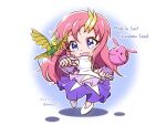  1girl bangs blue_eyes chibi copyright_name dated eyebrows_visible_through_hair gundam gundam_seed haro jacket lacus_clyne open_mouth purple_skirt robot shadow shokkaa_(shmz61312) skirt smile solo torii_(gundam) white_footwear white_jacket 