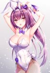  1girl animal_ears bow bowtie breasts covered_navel detached_collar fake_animal_ears fake_tail fate/grand_order fate_(series) fishnet_legwear fishnets fukase_ayaka hair_between_eyes highleg highleg_leotard large_breasts leotard long_hair pantyhose playboy_bunny purple_bow purple_bowtie purple_hair rabbit_ears red_eyes scathach_(fate) scathach_skadi_(fate) side-tie_leotard solo strapless strapless_leotard tail white_leotard 