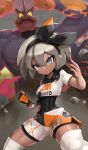  1girl absurdres bangs bea_(pokemon) black_bodysuit black_hairband bodysuit bodysuit_under_clothes bow_hairband collared_shirt commentary dynamax_band gigantamax gigantamax_machamp gloves gonzarez grey_eyes grey_hair hair_between_eyes hairband highres knee_pads machamp partially_fingerless_gloves pokemon pokemon_(creature) pokemon_(game) pokemon_swsh print_shirt print_shorts shirt short_hair short_sleeves shorts side_slit side_slit_shorts single_glove 