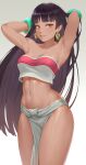  1girl armpits arms_behind_head arms_up bangs black_hair bracelet breasts brown_eyes chel_(the_road_to_el_dorado) cheshirrr collarbone commentary dark-skinned_female dark_skin earrings gradient gradient_background highres jewelry lips long_hair looking_at_viewer medium_breasts midriff mole mole_under_eye navel parted_lips pelvic_curtain presenting_armpit seductive_smile shiny shiny_hair shiny_skin simple_background smile solo strapless the_road_to_el_dorado thighs tube_top 