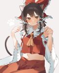  1girl animal_ears ascot bare_shoulders bow brown_hair cat_ears cat_tail commentary detached_sleeves gominami hakurei_reimu highres long_sleeves navel red_bow red_shirt red_skirt shirt short_hair sitting skirt solo tail touhou wide_sleeves yellow_ascot 