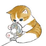  animal animal_hands aqua_eyes cable cat cat_paws electric_fan highres juno_(mofu_sand) kitten no_humans original oversized_animal sitting white_background 