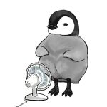  animal animal_hands bird cable electric_fan highres juno_(mofu_sand) no_humans original oversized_animal penguin standing white_background 