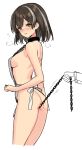  1boy 1girl apron arknights ass bdsm between_legs black_collar blush breasts brown_hair chain coin collar flying_sweatdrops from_side grey_hair hetero highres leash leash_pull looking_at_viewer magallan_(arknights) medium_breasts multicolored_hair naked_apron out_of_frame pussy_juice short_hair sideboob sigm@ solo_focus streaked_hair wavy_mouth white_apron yellow_eyes 