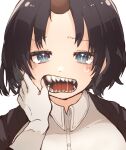  2girls black_hair blue_eyes commentary_request donguri_big dragon_horns elbow_gloves elma_(maidragon) eyebrows_visible_through_hair female_pov finger_in_another&#039;s_mouth finger_in_mouth gloves highres horns kobayashi-san_chi_no_maidragon multiple_girls open_mouth pov saliva sharp_teeth short_hair single_horn solo_focus teeth tohru_(maidragon) tongue white_gloves 