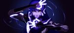  1boy androgynous armor bangs bodysuit eyelashes highres long_hair looking_at_viewer male_focus mikeneko_draw protagonist_(smtv) purple_hair shin_megami_tensei shin_megami_tensei_v simple_background solo very_long_hair yellow_eyes 