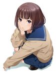  1girl artist_name blurry blush brown_eyes brown_hair cardigan depth_of_field hand_on_own_face looking_at_viewer mattaku_mousuke original parted_lips sailor_collar school_uniform short_hair solo squatting watermark white_background 