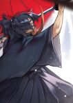  1boy absurdres arm_up bangs black_hair blurry blurry_background fate_(series) from_side hair_over_one_eye highres holding holding_sword holding_weapon katana long_sleeves looking_at_viewer male_focus okada_izou_(fate) ponytail red_eyes solo sword weapon wide_sleeves yoshio_(55level) 