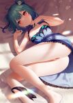  1girl :3 black_panties blue_dress blush bottomless clothes_pull dress foot_out_of_frame green_hair highres hololive looking_at_viewer lying no_bra no_panties on_bed on_side panties panties_removed panty_pull pillow pussy red_eyes solo underwear uruha_rushia virtual_youtuber yaye 